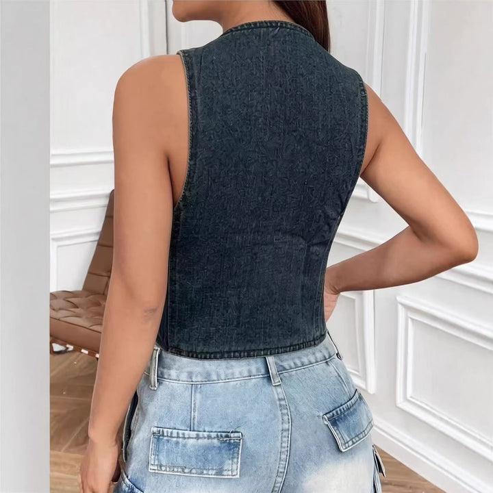 Damen ärmellose Denim-Weste mit aufgesetzten Taschen und tiefem V-Ausschnitt Echo Archiv