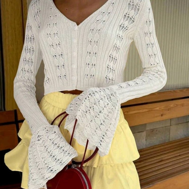 Damen Stylische Strickjacke mit V-Ausschnitt und Schlagärmeln Echo Archiv