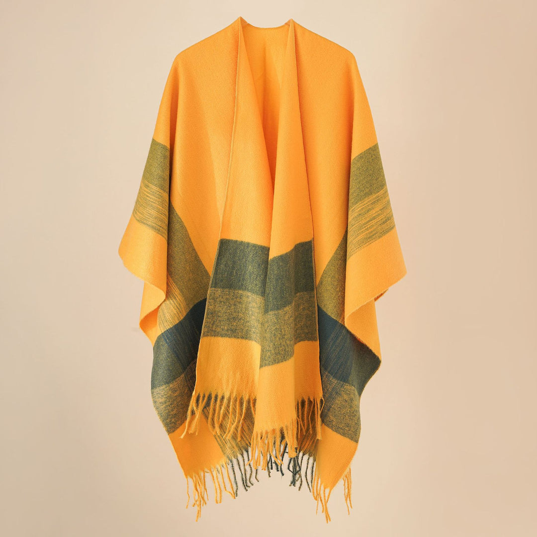 Damen Weit geschnittener Karierter Poncho mit Fransen und V‑Ausschnitt – Avérine