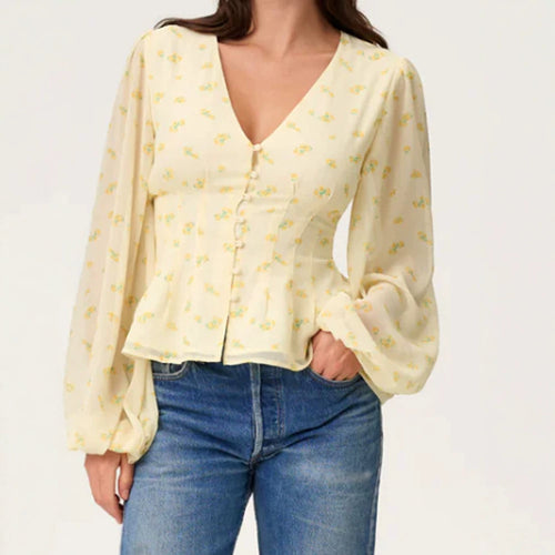 Damen Jacquard-Spitzenbluse mit tailliertem Schößchen und Ballonärmeln Echoarchiv