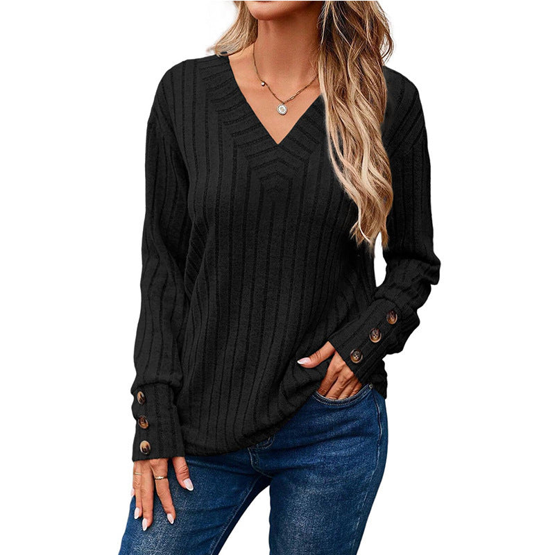 Damen Gerippter V-Ausschnitt Strickpullover mit Knopfmanschetten Echo Archiv