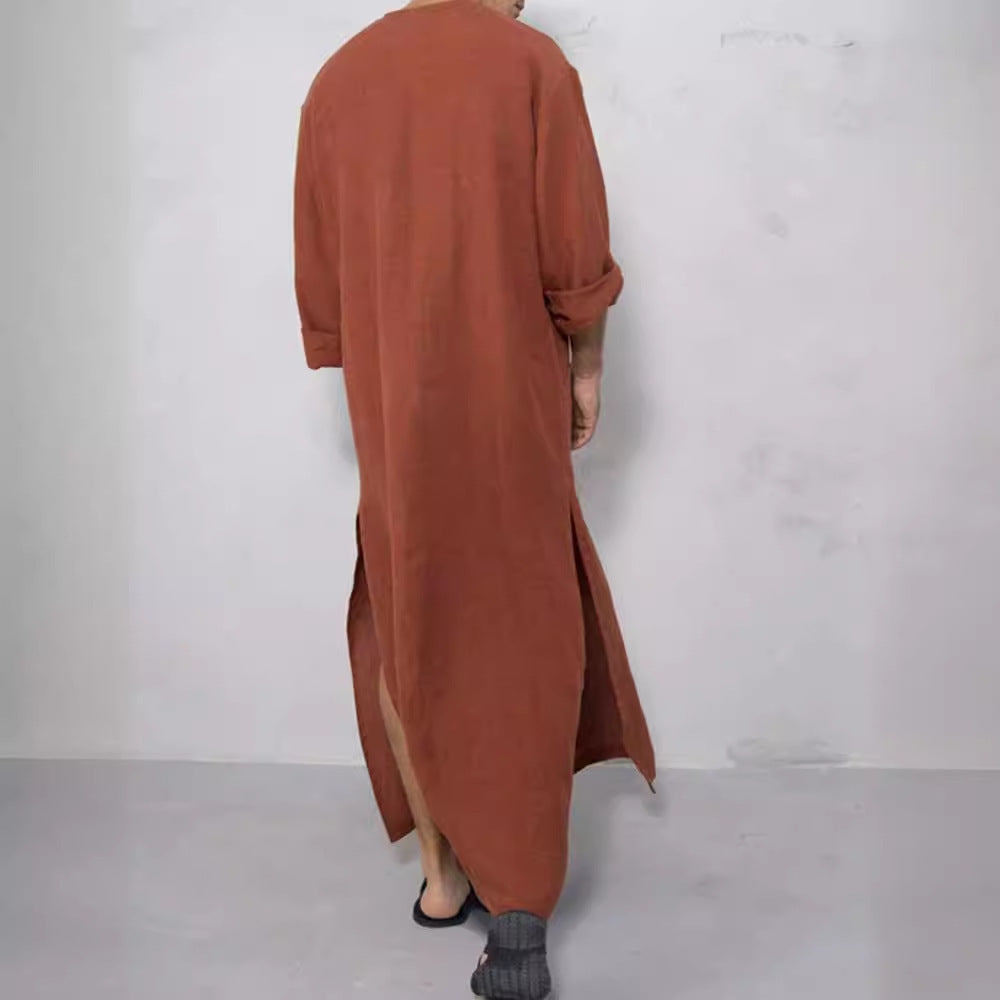 Herren nan weites langes Tunika-Kaftan aus atmungsaktivem Leinen mit Stehkragen Knopfblende und aufgesetzten Taschen Echoarchiv