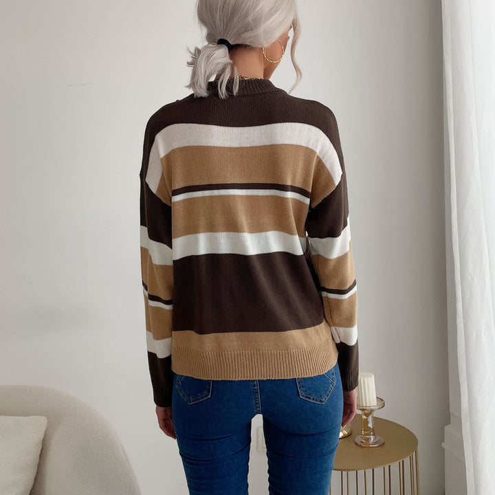 Damen Gestreifter Feinstrick-Pullover mit Stehkragen Echoarchiv