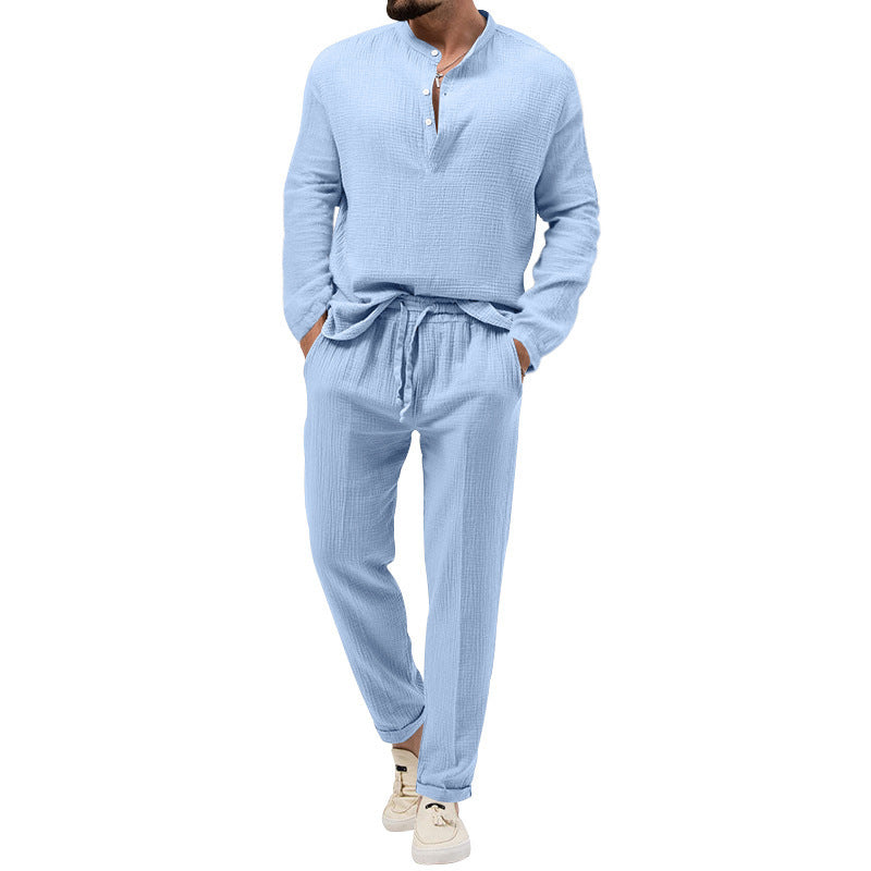 Herren Lässiges Zweiteiliges Lounge-Set aus Baumwoll-Gauze mit Henley-Oberteil und Tunnelzug-Hose Echoarchiv