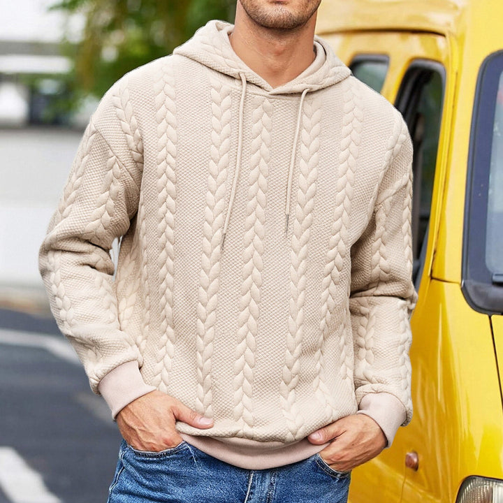 Herren strukturiertes Kapuzen-Sweatshirt mit Zopfstrick-Relief, Tunnelzug und Kängurutasche – Cavarno