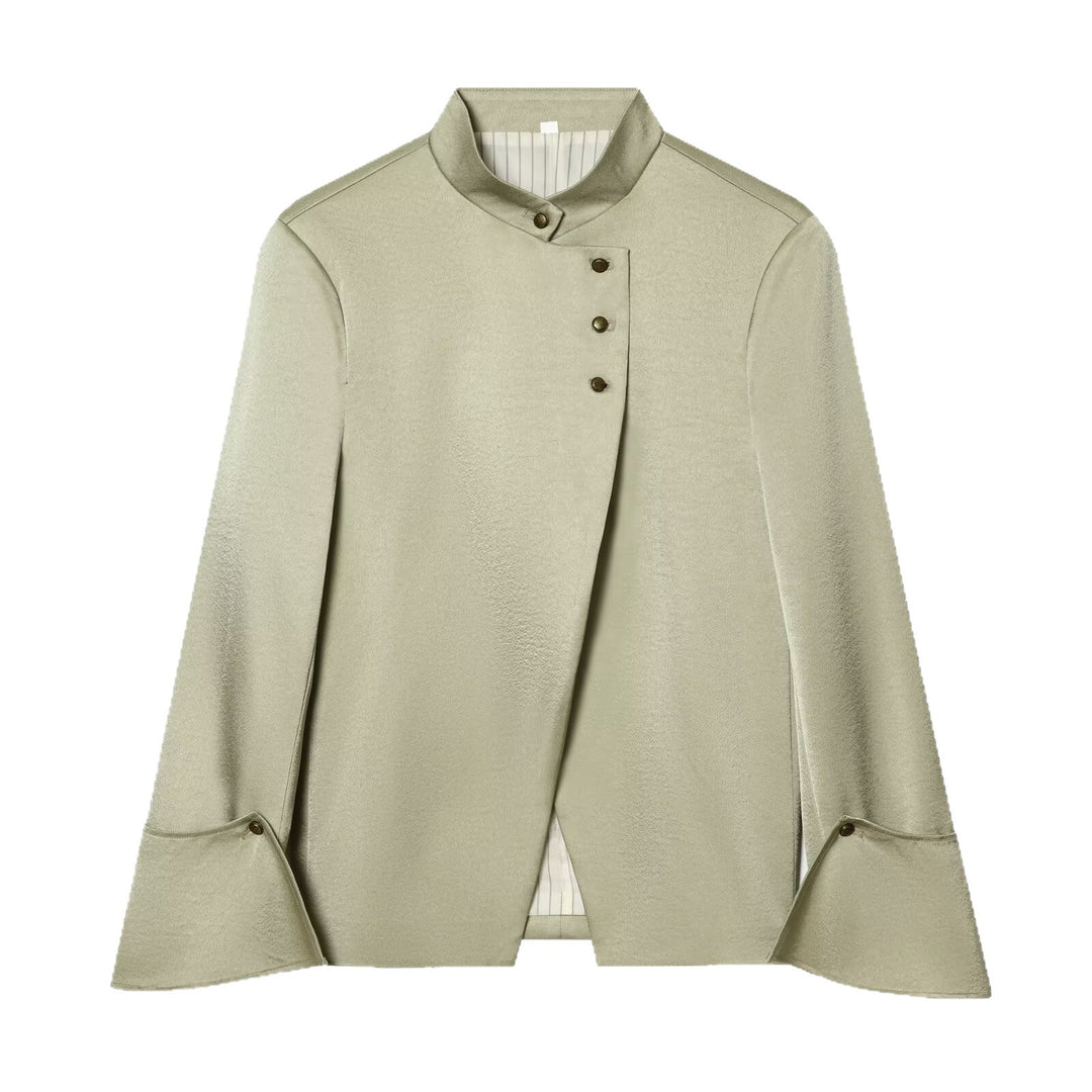 Damen Elegantes Cape-Kurzmantel mit Stehkragen, asymmetrischem Überschlag und Ärmelklappen Echoarchiv
