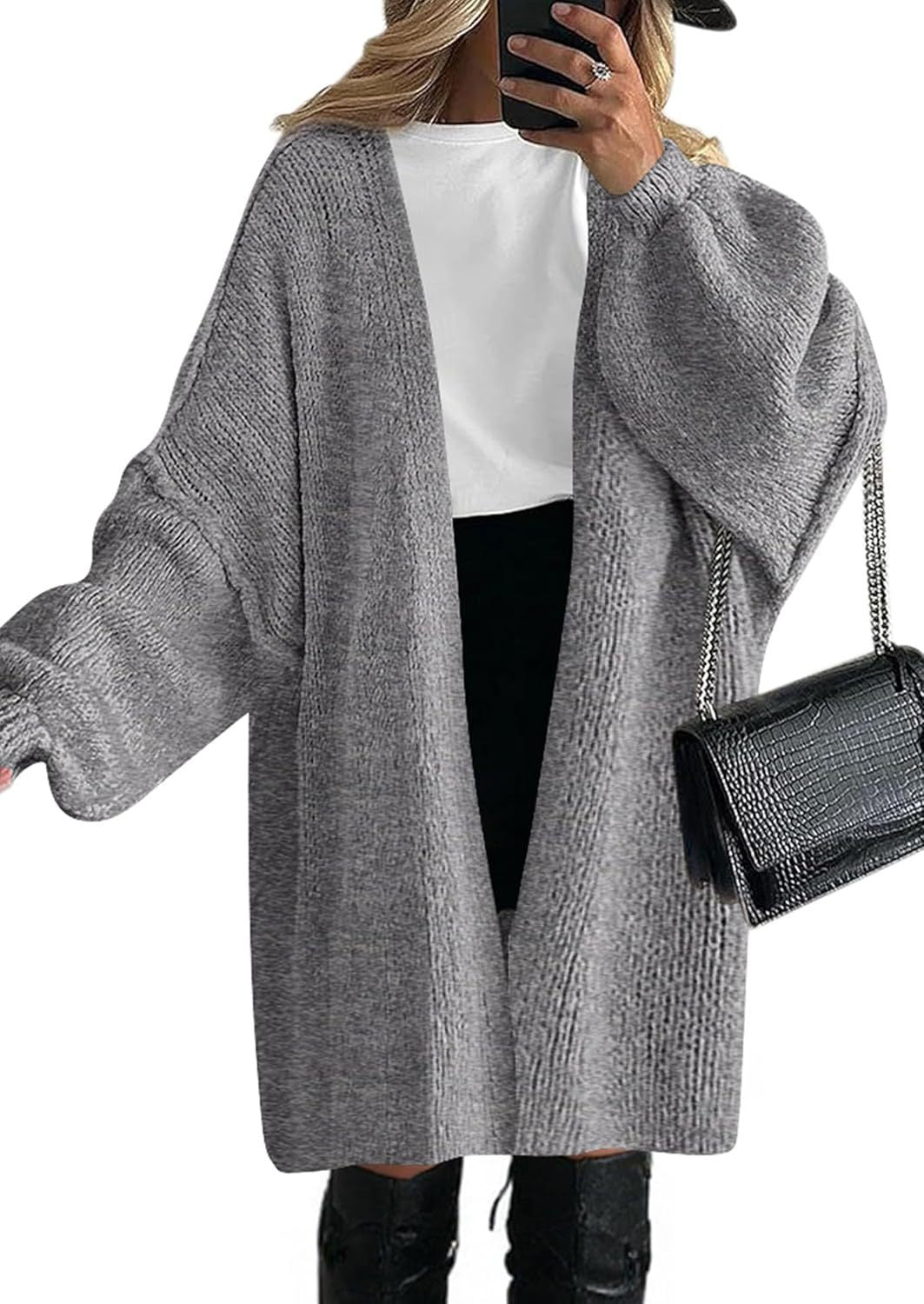 Damen Oversize Strickcardigan mit weiten Ballonärmeln und offener Front Echoarchiv