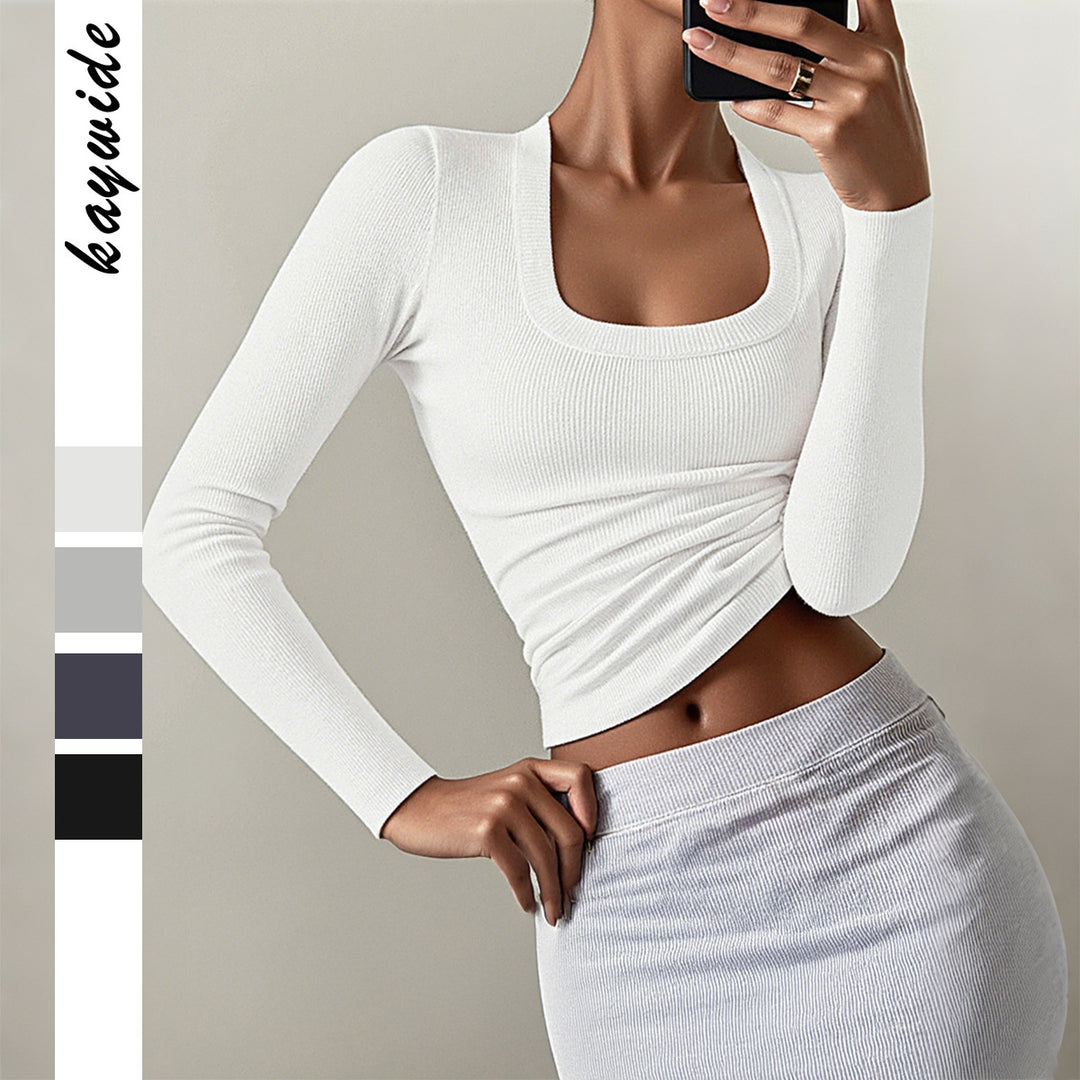 Damen figurbetontes Rippstrick-Longsleeve mit tiefem Quadrat-Ausschnitt – Avérine