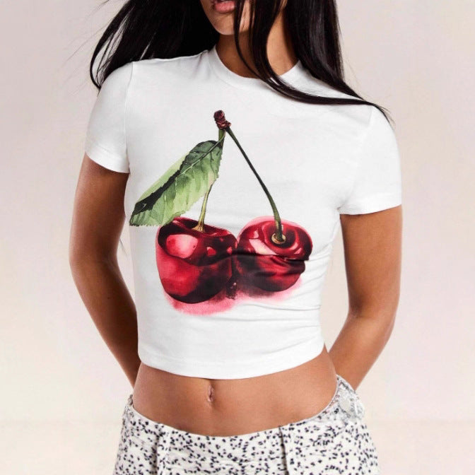 Damen Crop-T-Shirt mit fruchtigem Kirschmotiv und figurbetontem Schnitt Echo Archiv