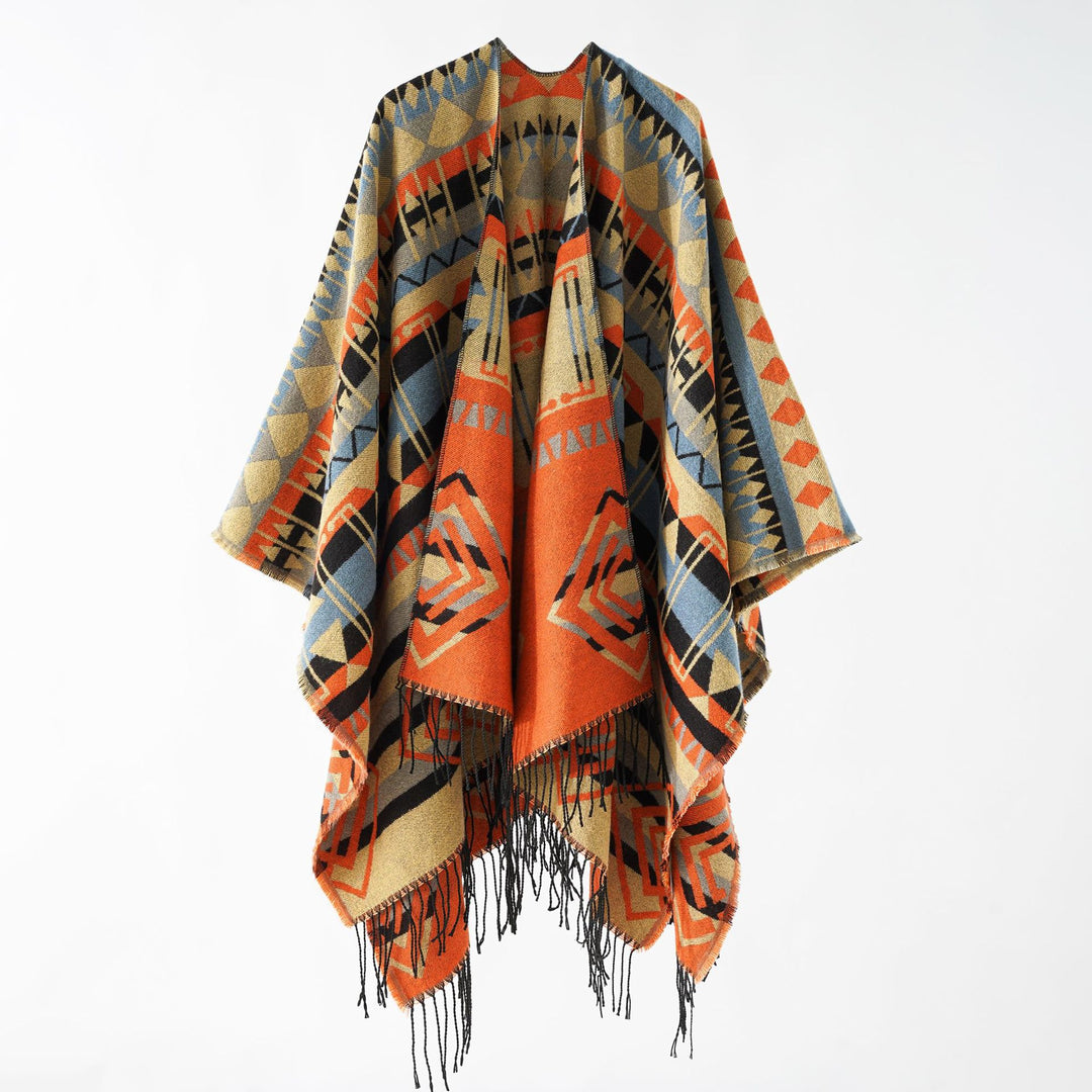 Damen Geometrisch gemusterter Wollmix‑Poncho mit Zipfel und Fransen Echo Archiv