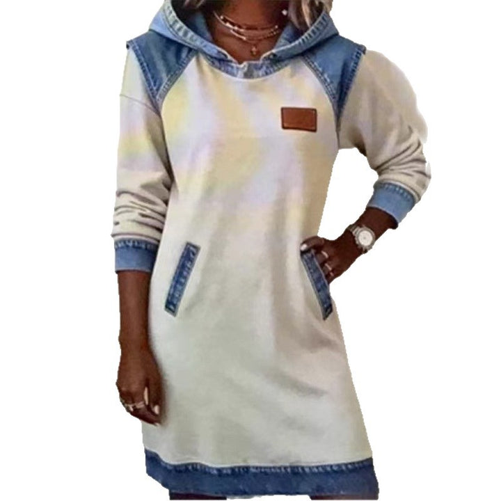 Damen nan Kapuzen-Sweatkleid mit Jeans-Applikationen, Kängurutaschen und lässigem Schnitt Echo Archiv