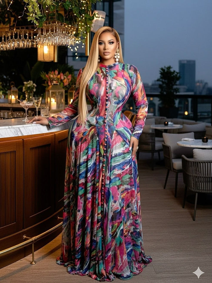 Damen Elegantes Maxikleid mit strukturiertem grafischem Design Echo Archiv