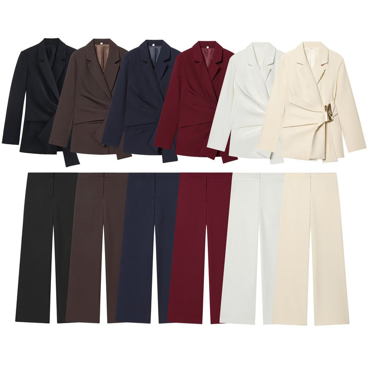 Damen Zweiteiliges Wickelblazer- und Palazzo-Anzugset mit Ziergürtel Echo Archiv