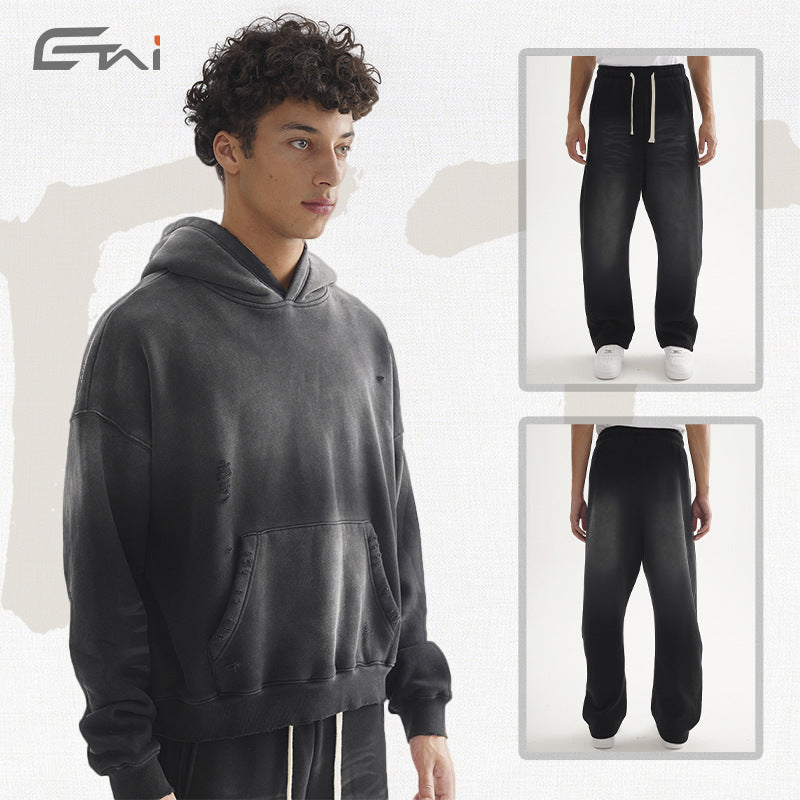 Herren Weites Distressed-Sweatset mit verkürztem Kapuzenpullover und baggy Jogginghose Echo Archiv