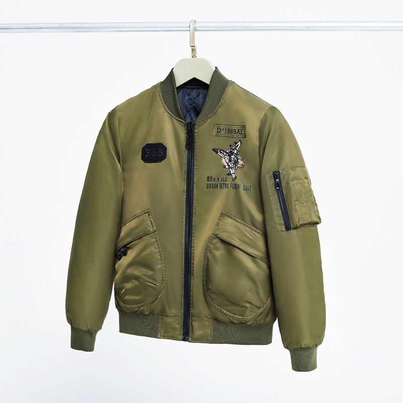 Men's padded pilot-style bomber jacket with embroidered jet motif and dual angled front cargo pockets – Brevano