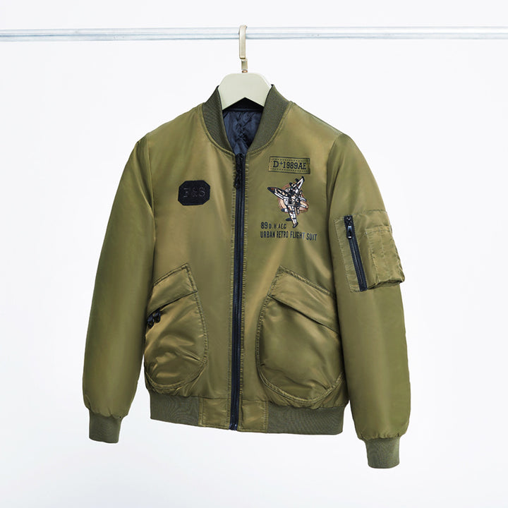 Men's padded pilot-style bomber jacket with embroidered jet motif and dual angled front cargo pockets – Brevano