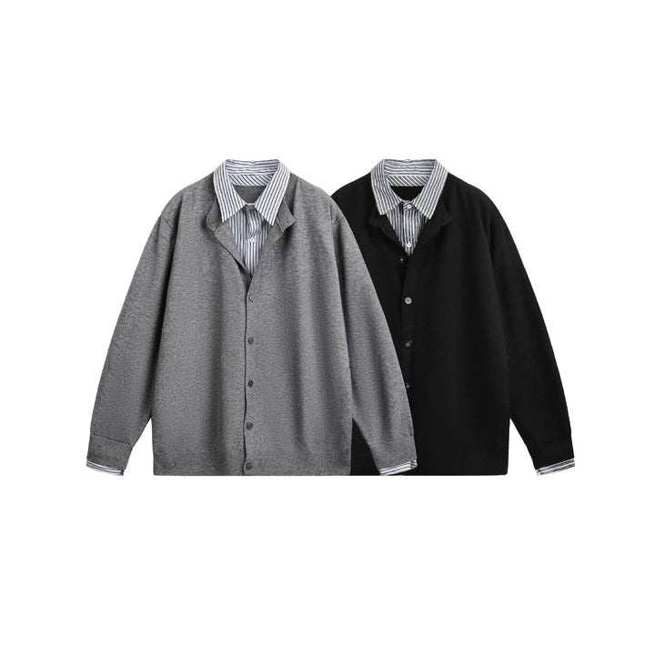 Unisex Lagenlook Strickcardigan mit eingearbeitetem Hemdkragen und Knopfleiste Echoarchiv