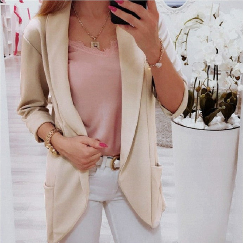 Damen Leichter Offener Cardigan-Blazer, dreiviertelärmelig mit Eingrifftaschen – Veloura