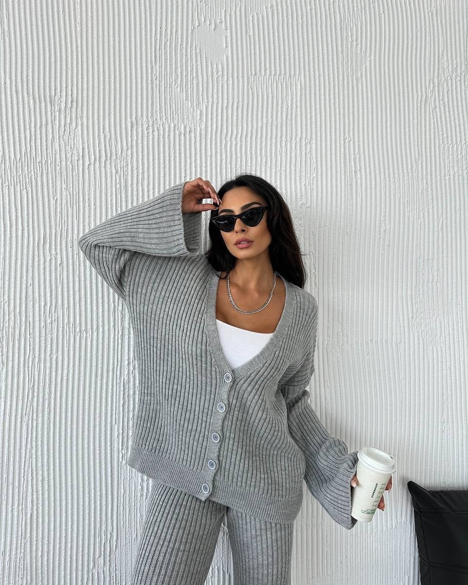 Damen Gerippter Strick‑Zweiteiler mit Oversized‑Cardigan und High‑Waist‑Sweathose – Élanora
