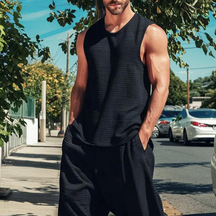 Herren Zweiteiliges Lounge-Set aus strukturierter Jerseyware mit ärmellosem Top und weiter Haremshose – Averon