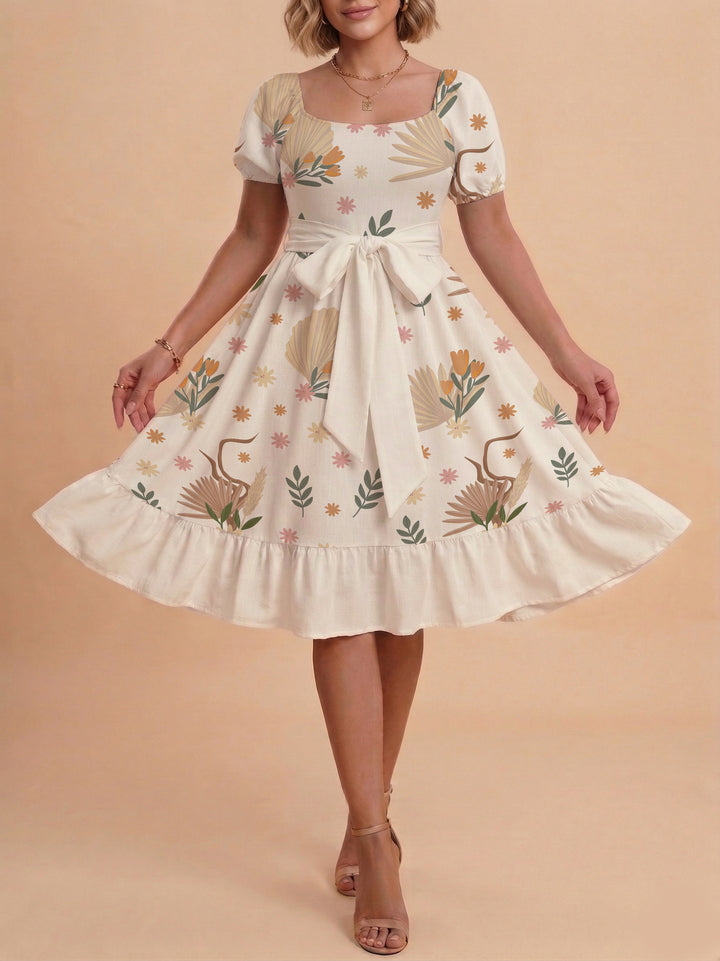 Damen Sommerliches Blumenkleid mit taillierbarem Gürtel und voluminösen Ärmeln Echo Archiv