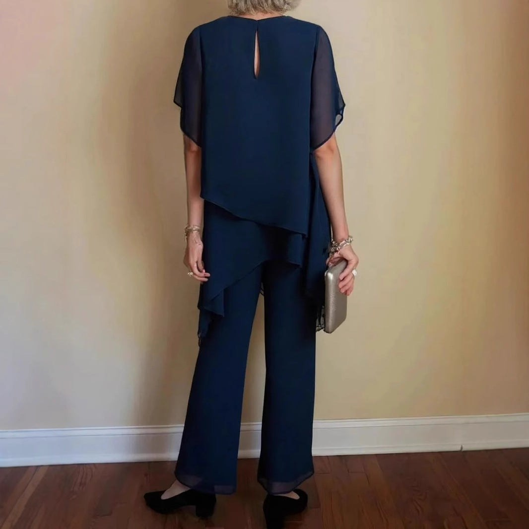 Damen elegantes Ensemble aus fließendem Oberteil und weitem Hose Echoarchiv