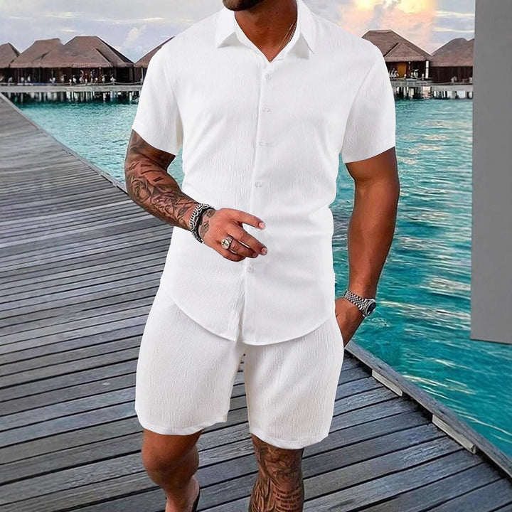 Herren lässiges Shorts-Set mit knöpfbarem Oberteil und elastischem Bund Echoarchiv