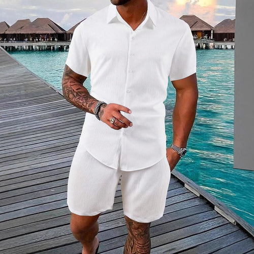 Herren lässiges Shorts-Set mit knöpfbarem Oberteil und elastischem Bund Echoarchiv