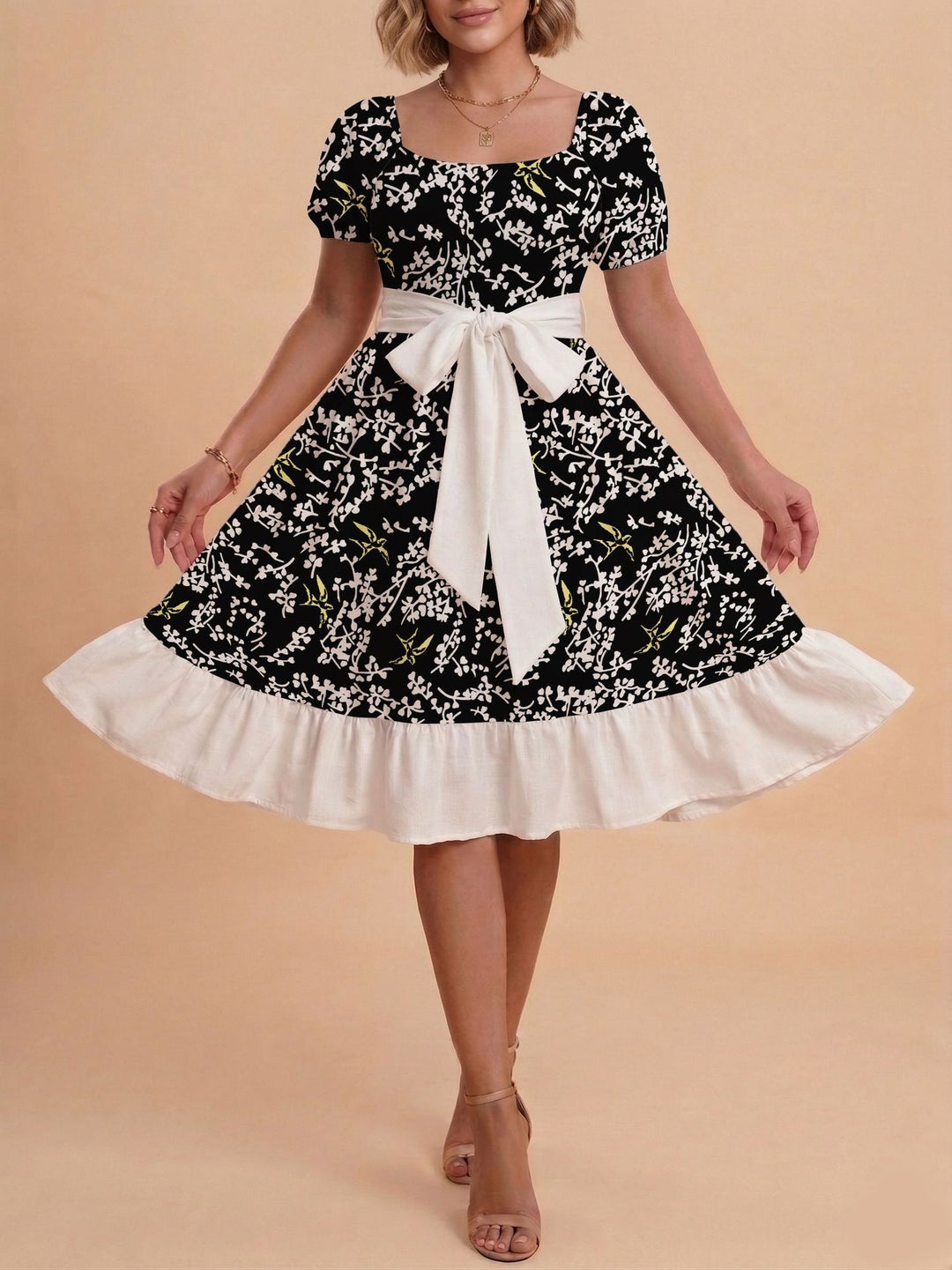 Damen Midikleid mit verspieltem Druck und tailliertem Schnitt Echo Archiv