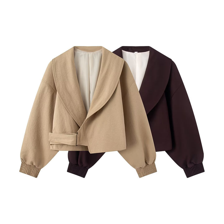 Damen Kurzjacke mit weitem Schalkragen, tailliertem Bindegürtel und Ballonärmeln Echo Archiv