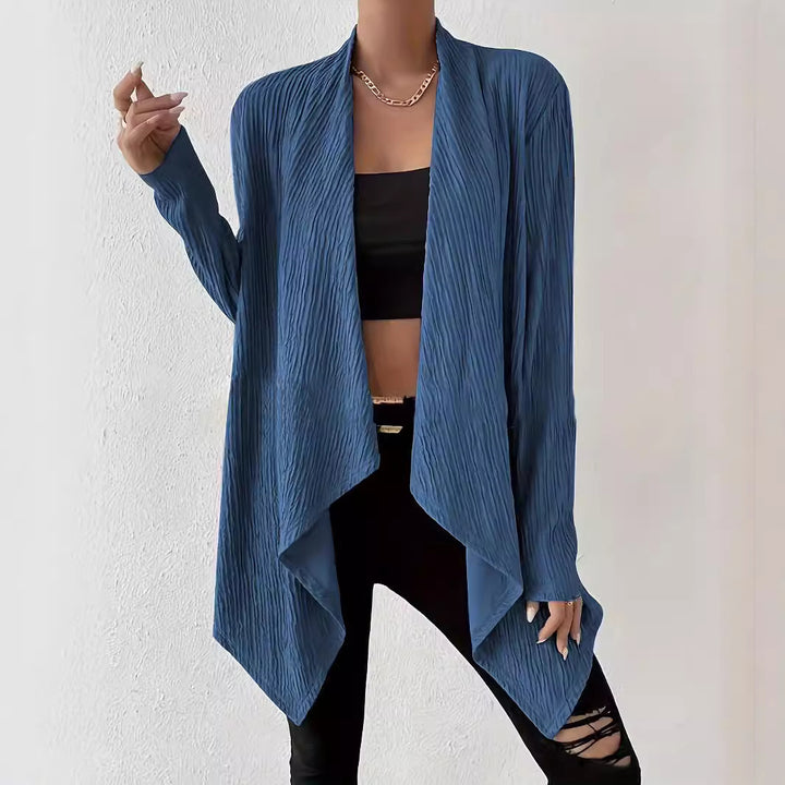 Damen Offener Crinkle-Cardigan mit Wasserfall-Saum und Longline-Silhouette – Veloura