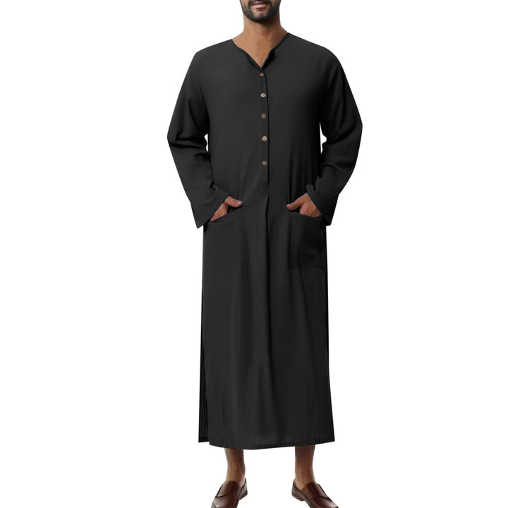 Herren nan weites langes Tunika-Kaftan aus atmungsaktivem Leinen mit Stehkragen Knopfblende und aufgesetzten Taschen Echoarchiv