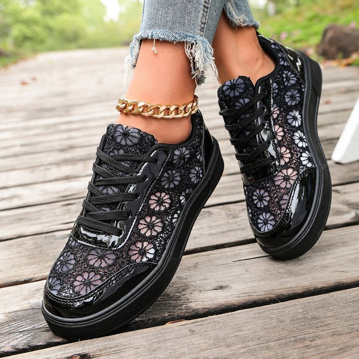 Damen zarte Spitzen-Plateau-Sneaker mit floralem Häkelmuster Echoarchiv