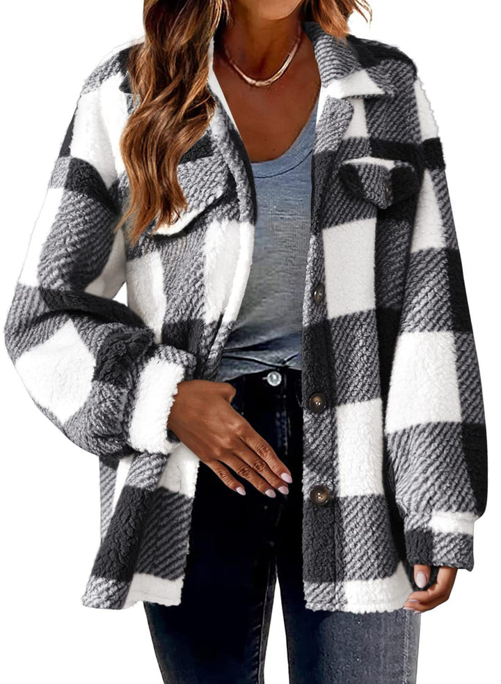 Damen nan kuschelige Sherpa-Karo-Übergangsjacke mit Brusttaschen und großzügigem Oversize-Schnitt Echo Archiv