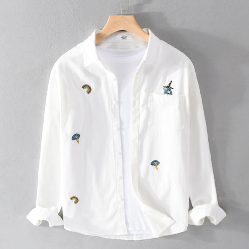 Herren Besticktes Leichtes Baumwoll-Overshirt mit Brusttasche und dezenten Patch-Stickereien Echoarchiv