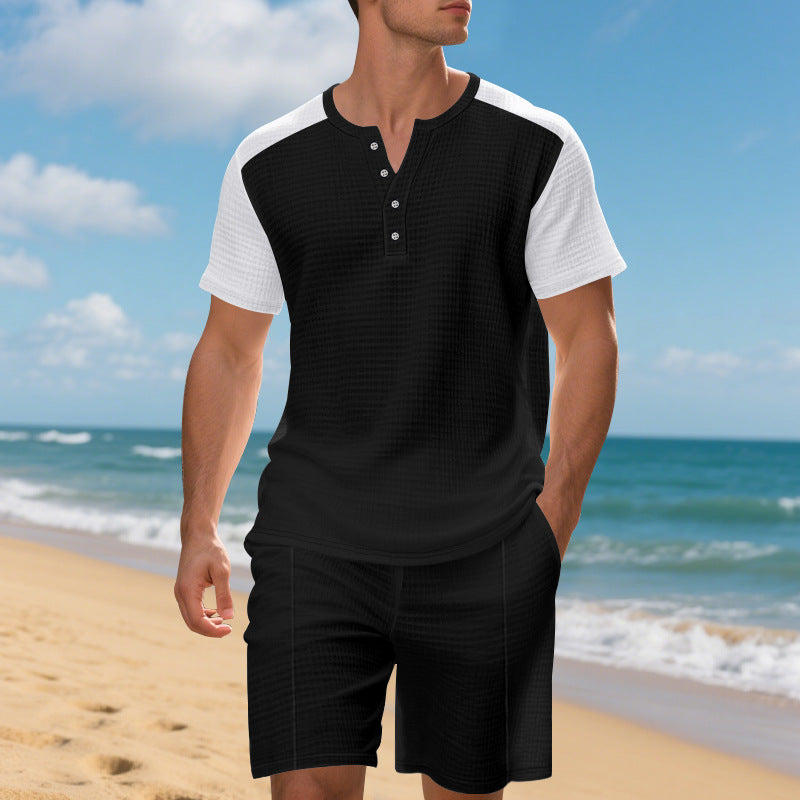 Herren lässiges Sommer Outfit mit Knopfleiste und kontrastierenden Ärmeln Echoarchiv