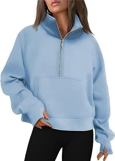 Damen nan kurzer Halfzip-Sweater mit hohem Stehkragen, Kängurutasche und verlängerten Daumenlöchern Echo Archiv