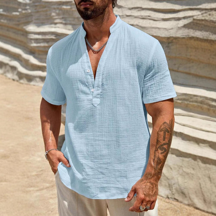 Herren Kurzarm Henley Hemd mit modernem Stehkragen aus leichtem Baumwollmaterial Echoarchiv