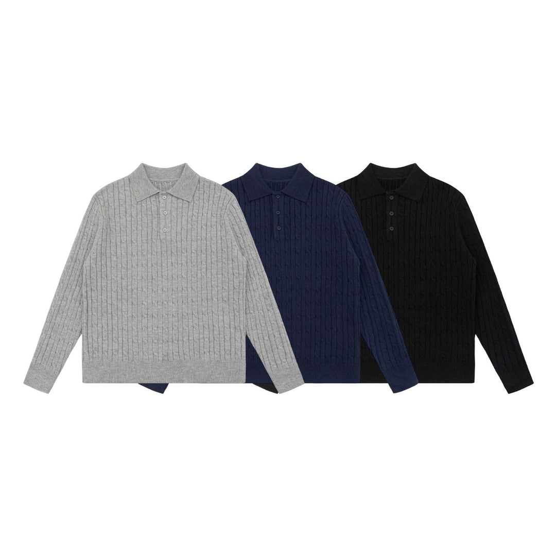 Unisex Grobstrick-Polokragen-Pullover mit Zopfmuster und halber Knopfleiste Echoarchiv