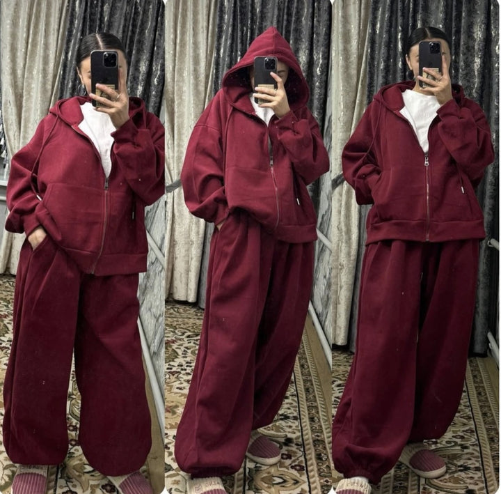 Damen übergroße Kapuzenjacke mit Reißverschluss und weite Jogginghose Lounge Set – Auréline