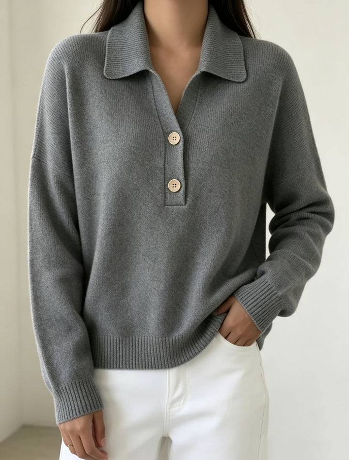 Damen Polokragen-Pullover mit halber Knopfleiste und geripptem Saum – Mavelle