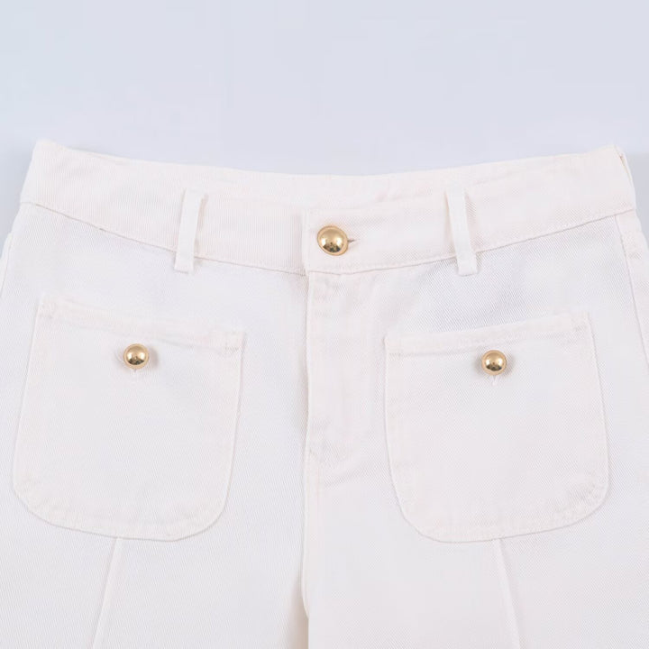 Damen High-Waist Wide‑Leg Jeans mit aufgesetzten Fronttaschen und Mittelnaht-Detail Echoarchiv