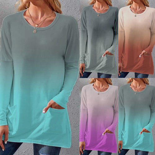 Damen Lange Ombre Tunika Bluse mit Rundhalsausschnitt und Eingrifftaschen – Élovi