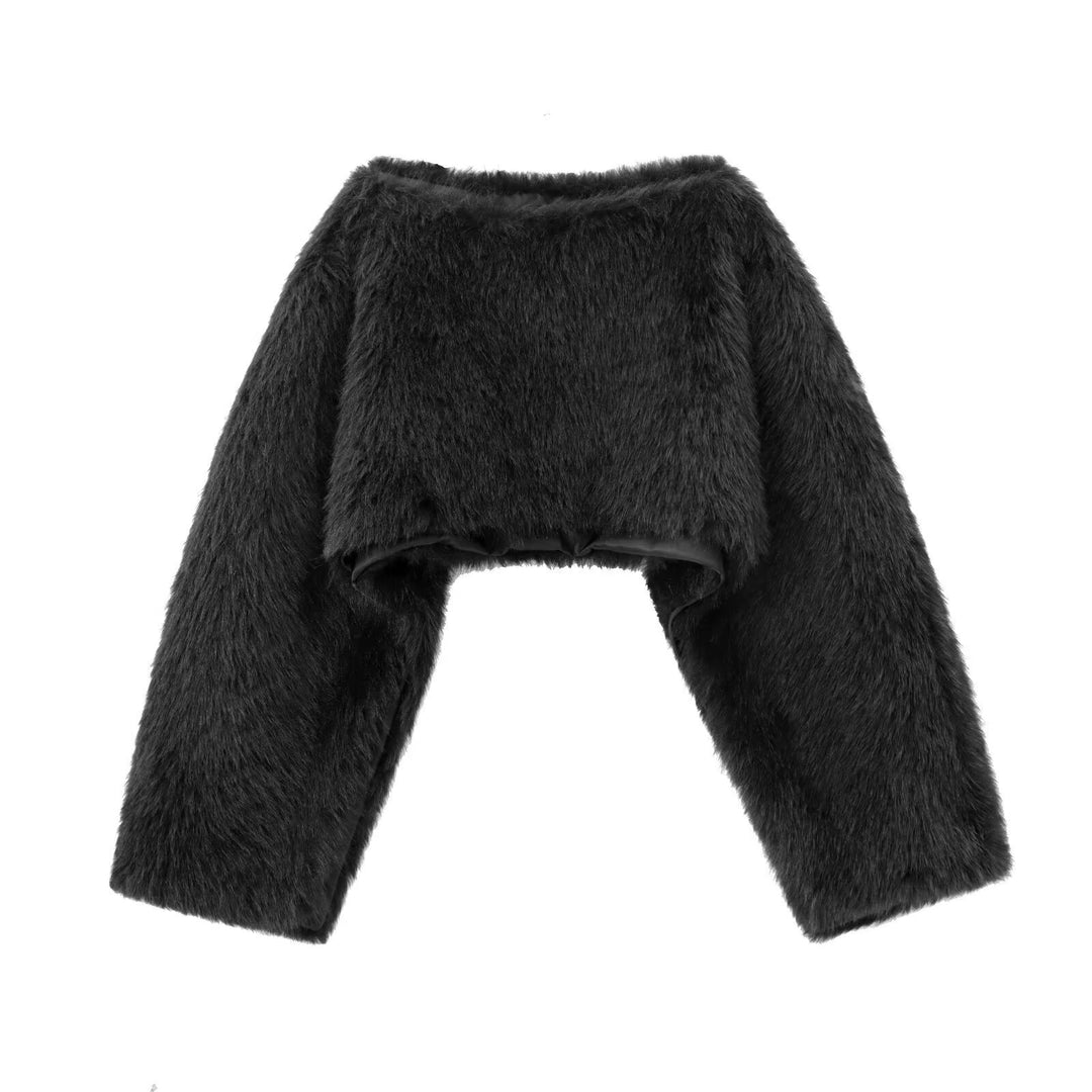 Damen nan kuscheliger Cropped-Fellpullover mit weitem Bootneck und voluminösen Ärmeln Echo Archiv