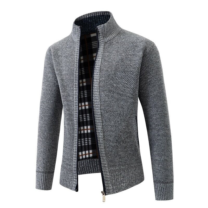 Herren Strukturiertes Zip-Strickjacke mit Karo‑Fleece‑Futter und Stehkragen Echo Archiv