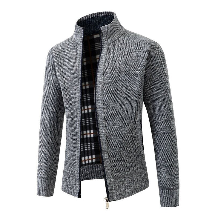 Herren Strukturiertes Zip-Strickjacke mit Karo‑Fleece‑Futter und Stehkragen Echo Archiv