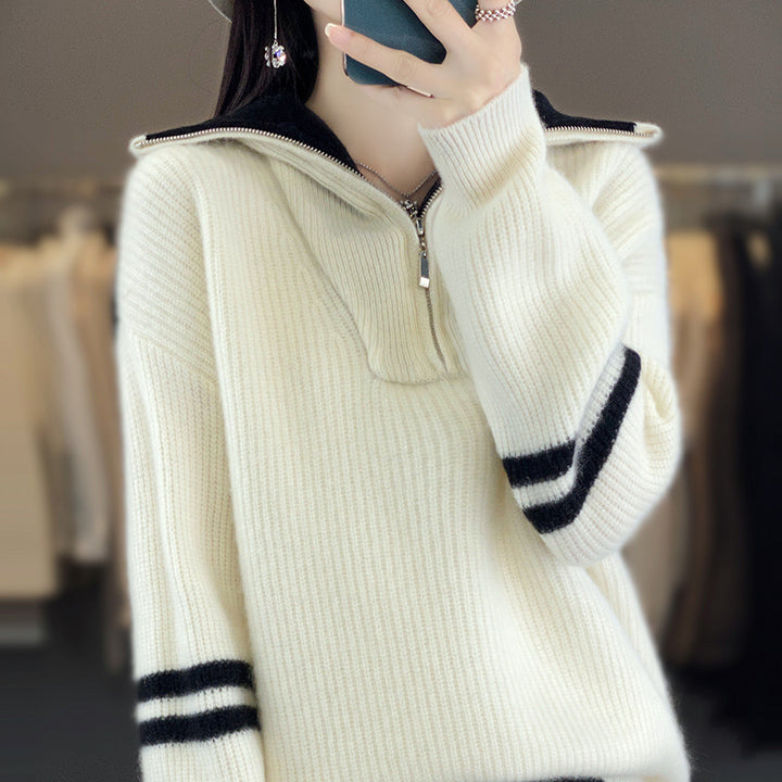 Damen Rippenstrick-Pullover mit halbem Reißverschluss, hohem Stehkragen und lässiger Passform Echoarchiv
