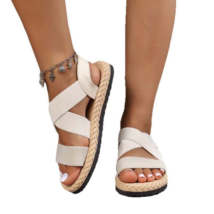 Damen nan flache Espadrille-Riemchensandalen mit geflochtenem Bastrand, elastischem Fersenband und gekreuzten Ethno-Riemen Echo Archiv