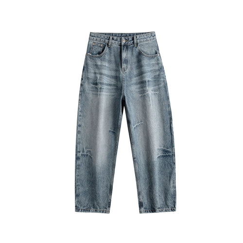 Damen Relaxed Straight taillenhohe Denim-Jeans mit Used‑Effekt und weitem Bein Echoarchiv