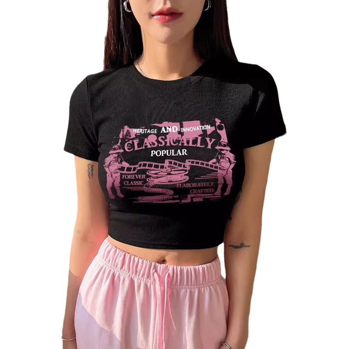 Damen Crop-T-Shirt mit kreativem Schriftzug Echo Archiv